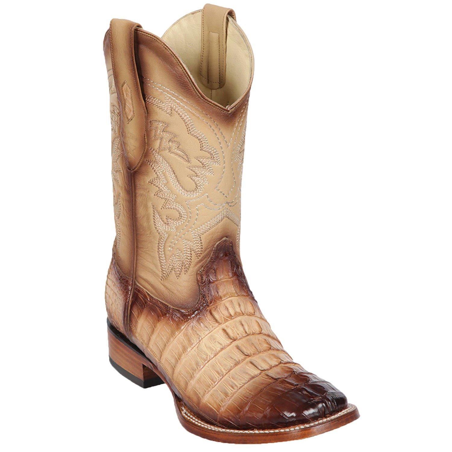 Western Genuine Caiman Tail Skin Rodeo Wide Square Toe Boots Faded Oryx Color - Los Altos Boots - SIde View 