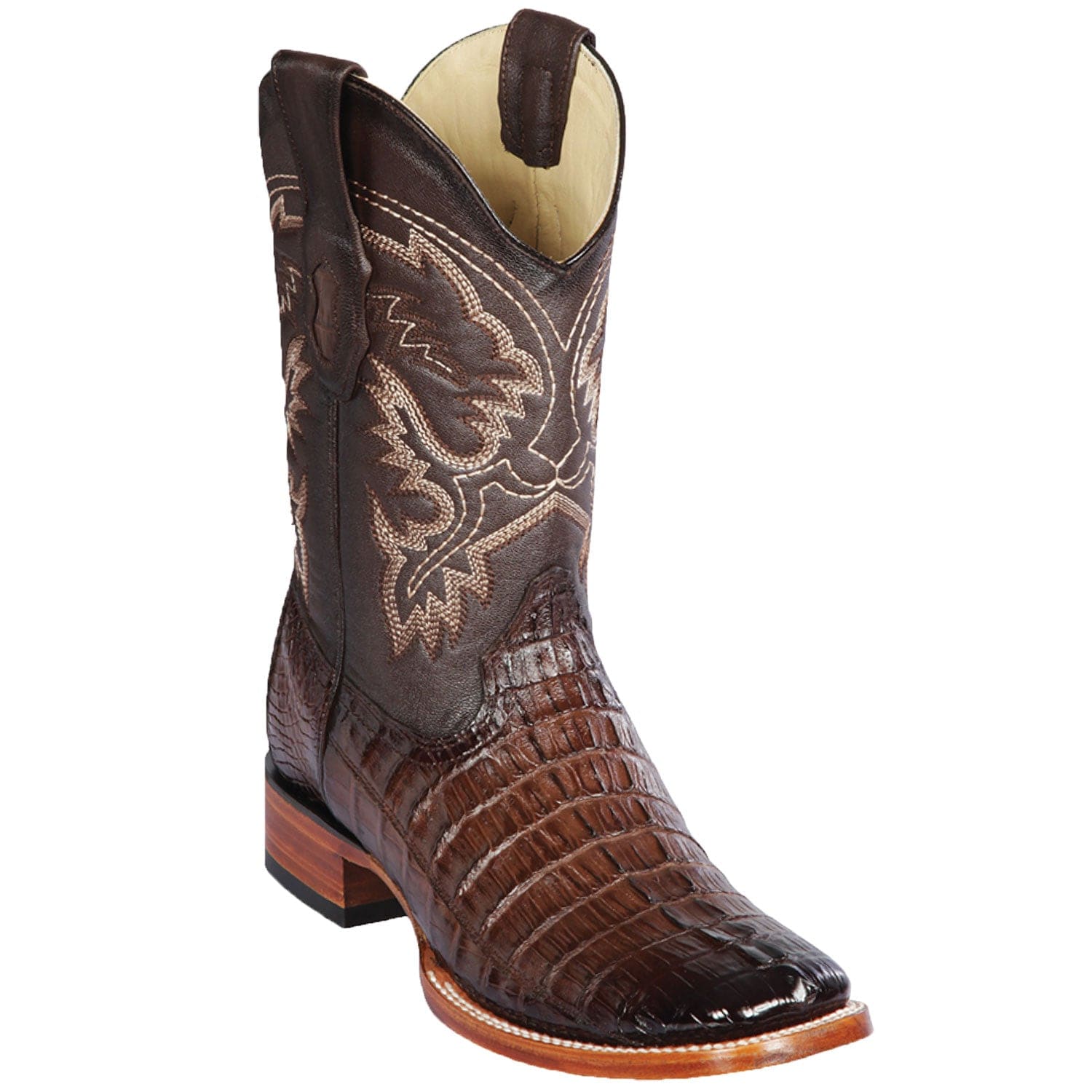 Western Genuine Caiman Tail Skin Rodeo Wide Square Toe Boots Faded Brown Color - Los Altos Boots - SIde View 