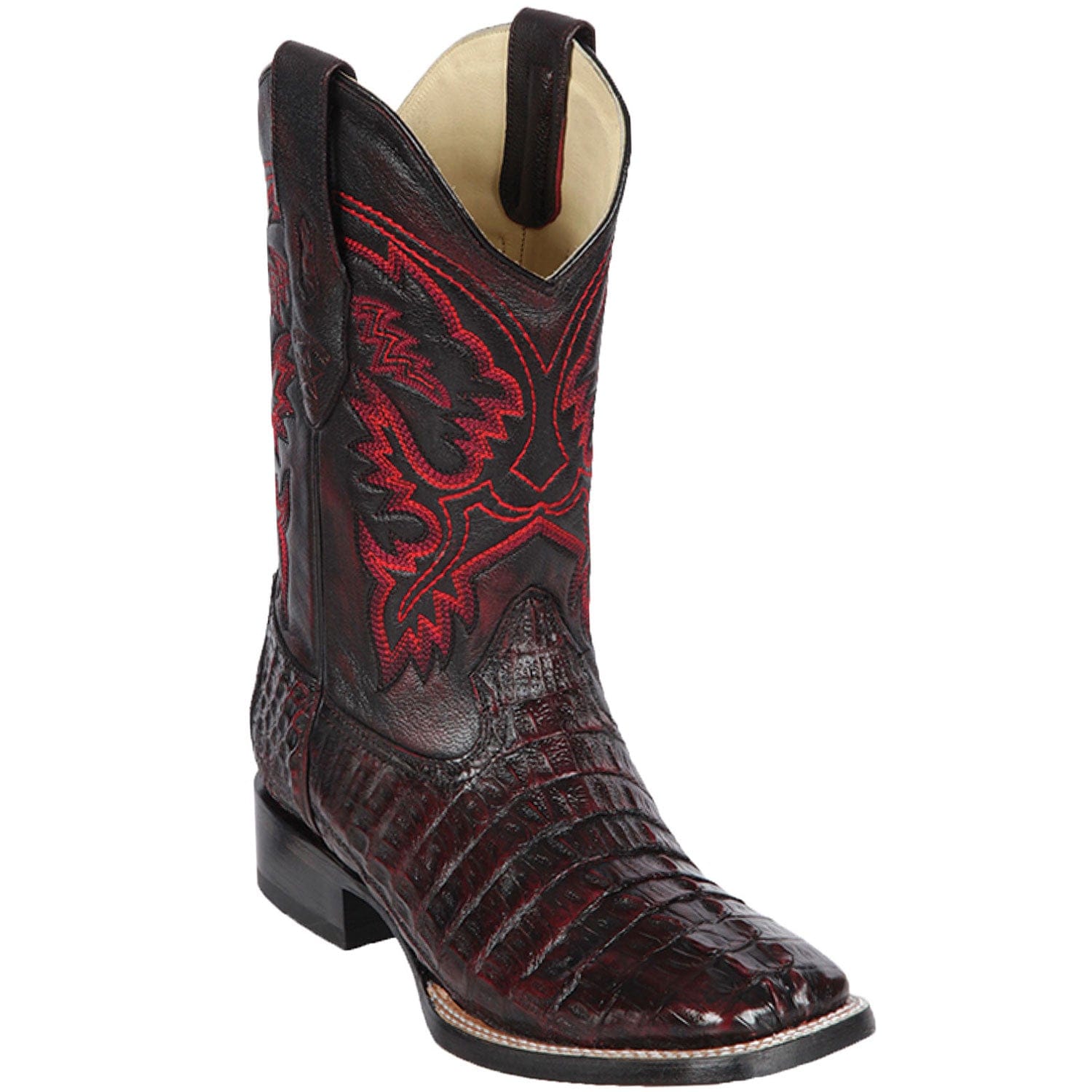 Western Genuine Caiman Tail Skin Rodeo Wide Square Toe Boots Black Cherry Color - Los Altos Boots - Side View 