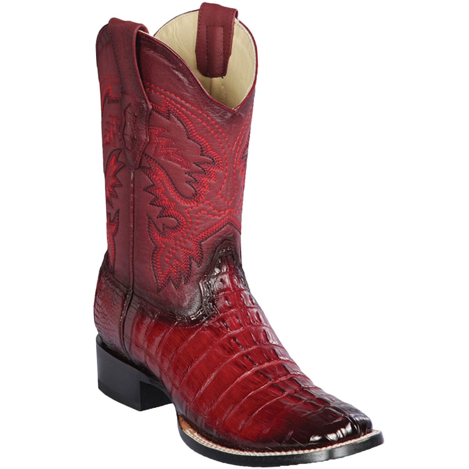 Western Genuine Caiman Tail Skin Rodeo Wide Square Toe Boots Faded Burgundy Color - Los Altos Boots - SIde View 