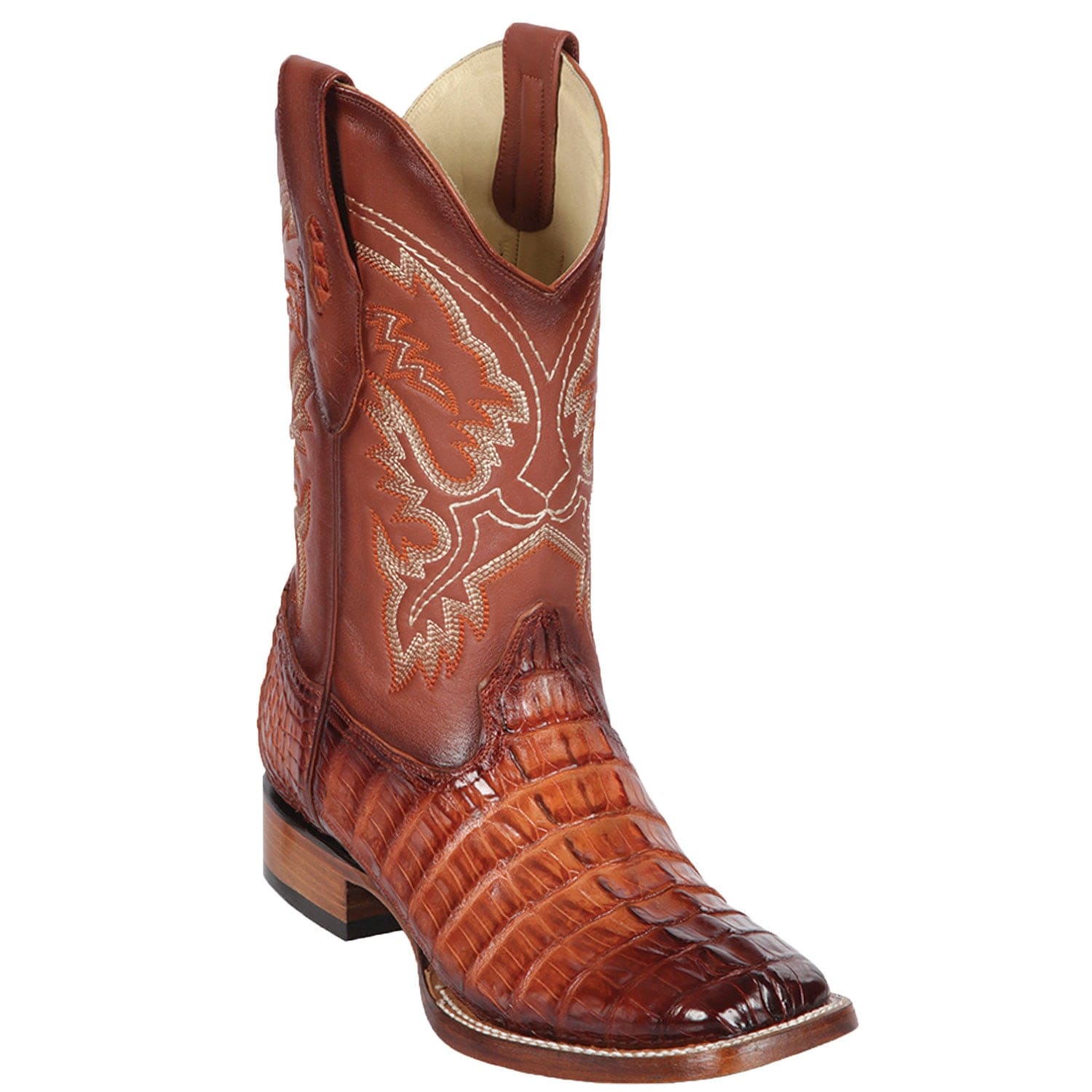 Western Genuine Caiman Tail Skin Rodeo Wide Square Toe Boots Faded Cognac Color - Los Altos Boots - SIde View 