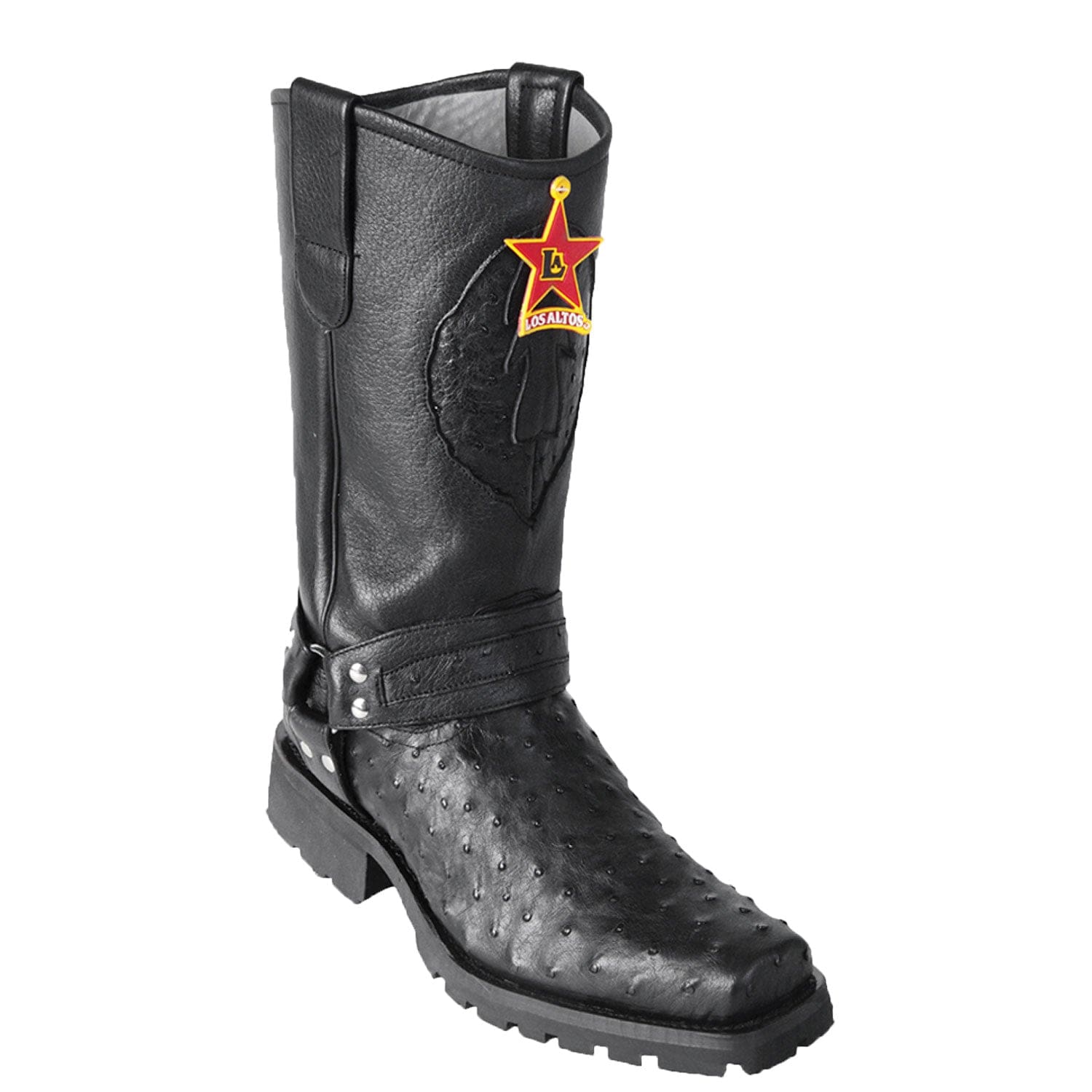 Western Genuine Ostrich Skin Biker Boots Black Color - Los Altos Boots - Side View
