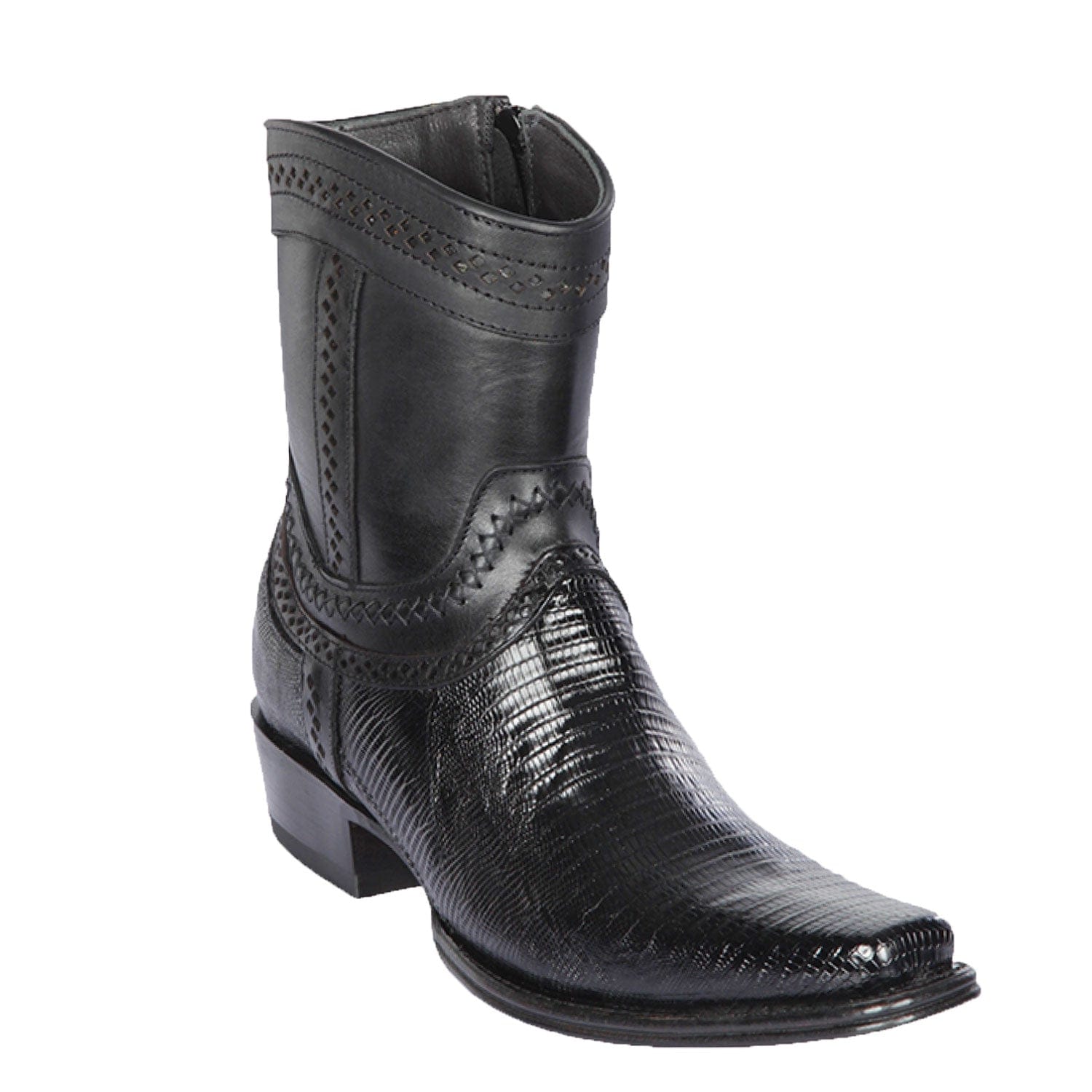 Men's Genuine Teju Lizard Skin European Square Toe Short Boots With Zipper Black Color - Los Altos Boots