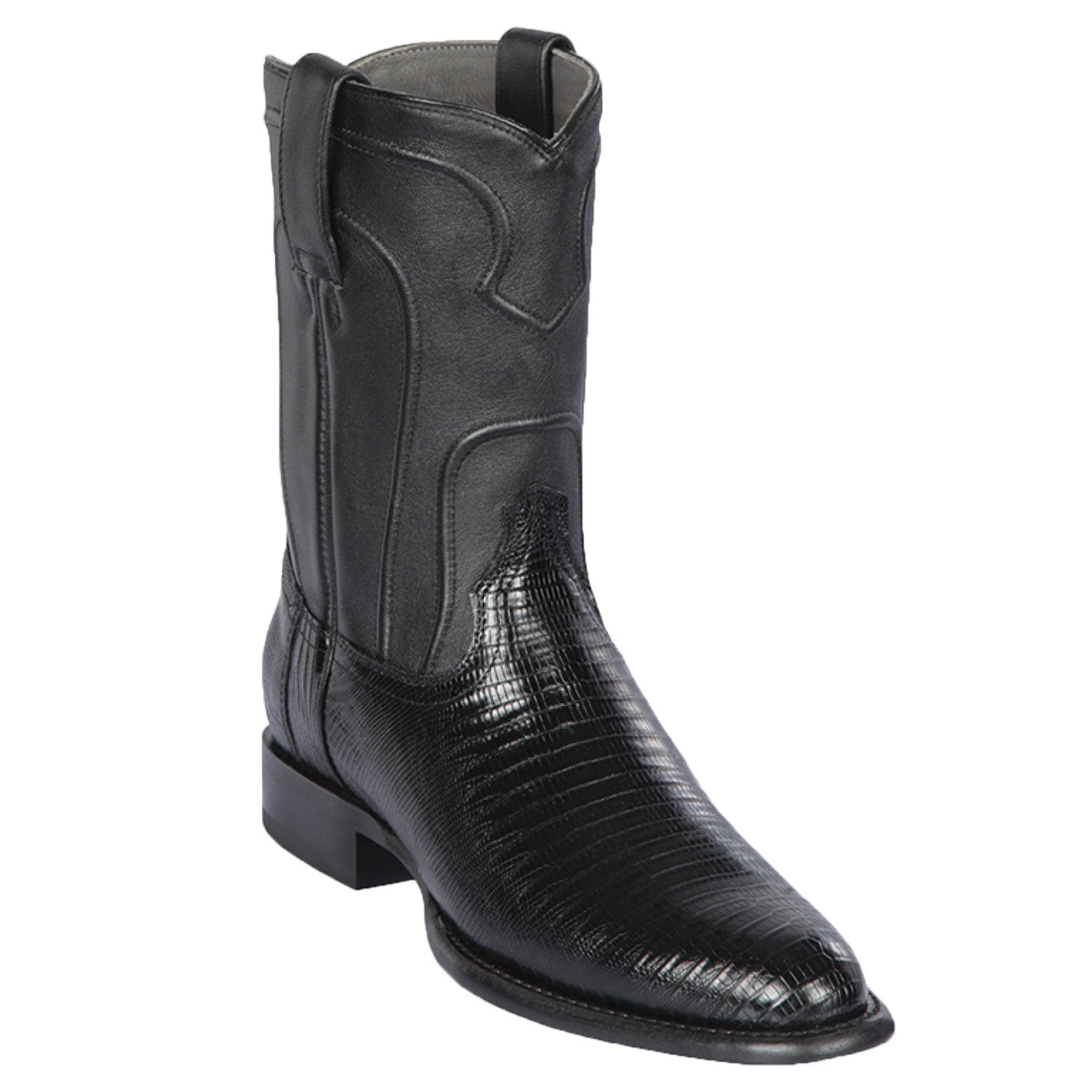 Western Genuine Teju Skin Roper Toe Boots Black Color - Los Altos Boots - Side View 