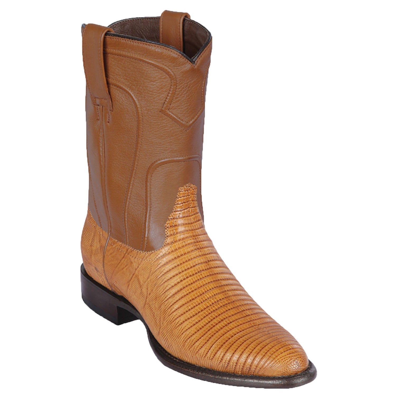 Western Genuine Teju Skin Roper Toe Boots Antique Saddle Color - Los Altos Boots - Side View 