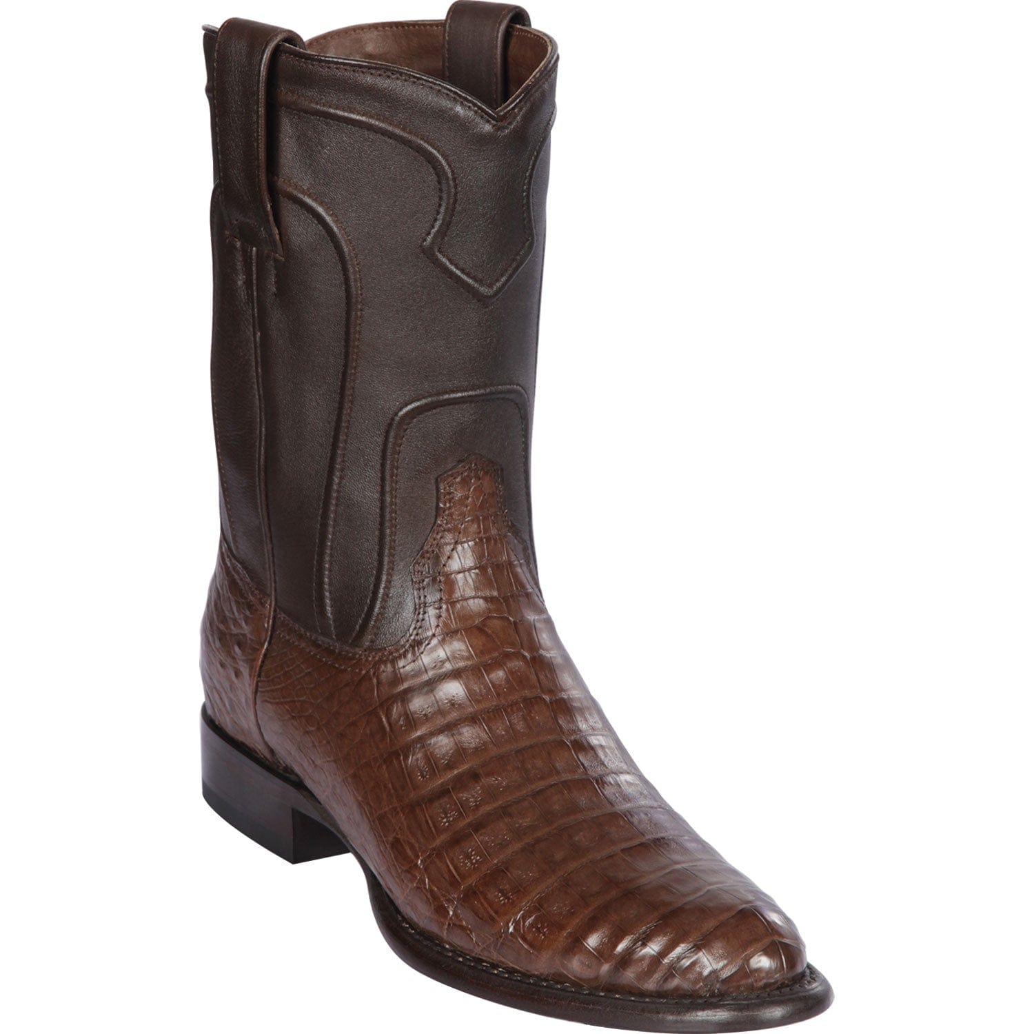 Western Genuine Caiman Belly Skin Roper Toe Boots Brown Color - Los Altos Boots - Side View