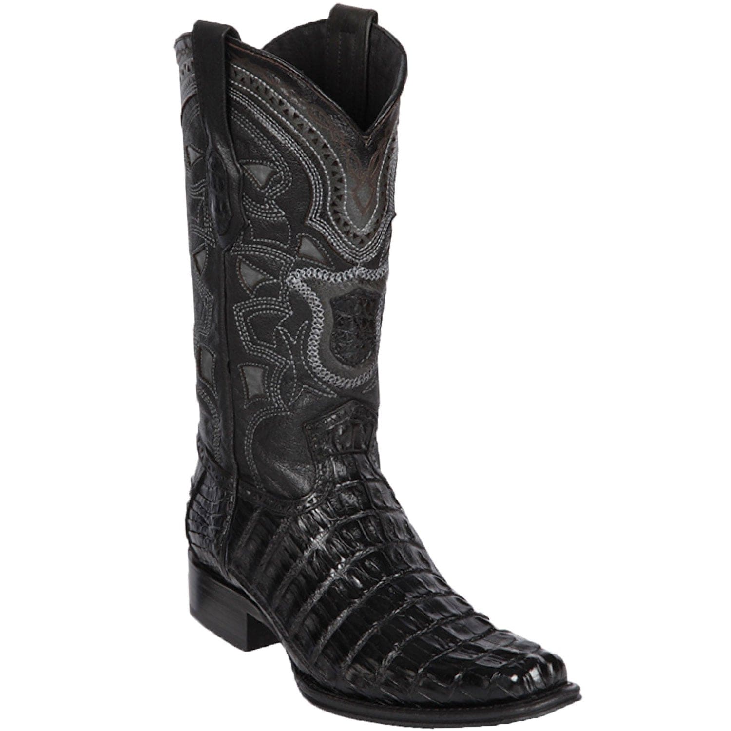 Western Genuine Caiman Tail Skin European Square Toe Boots Black Color - Los Altos Boots - Side View 