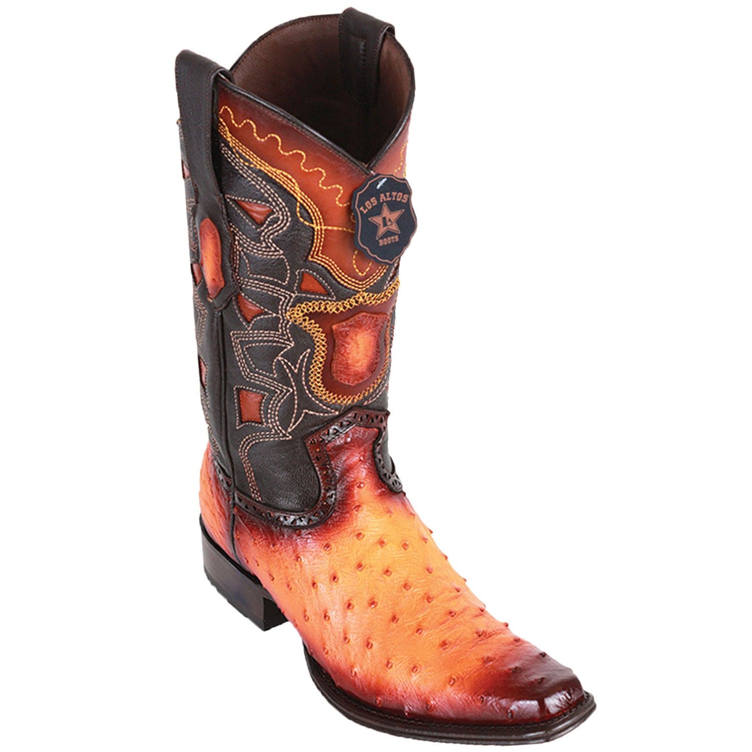 Western Genuine Ostrich Skin European Square Toe Boots Faded Buttecup Color - Los Altos Boots - Side View 