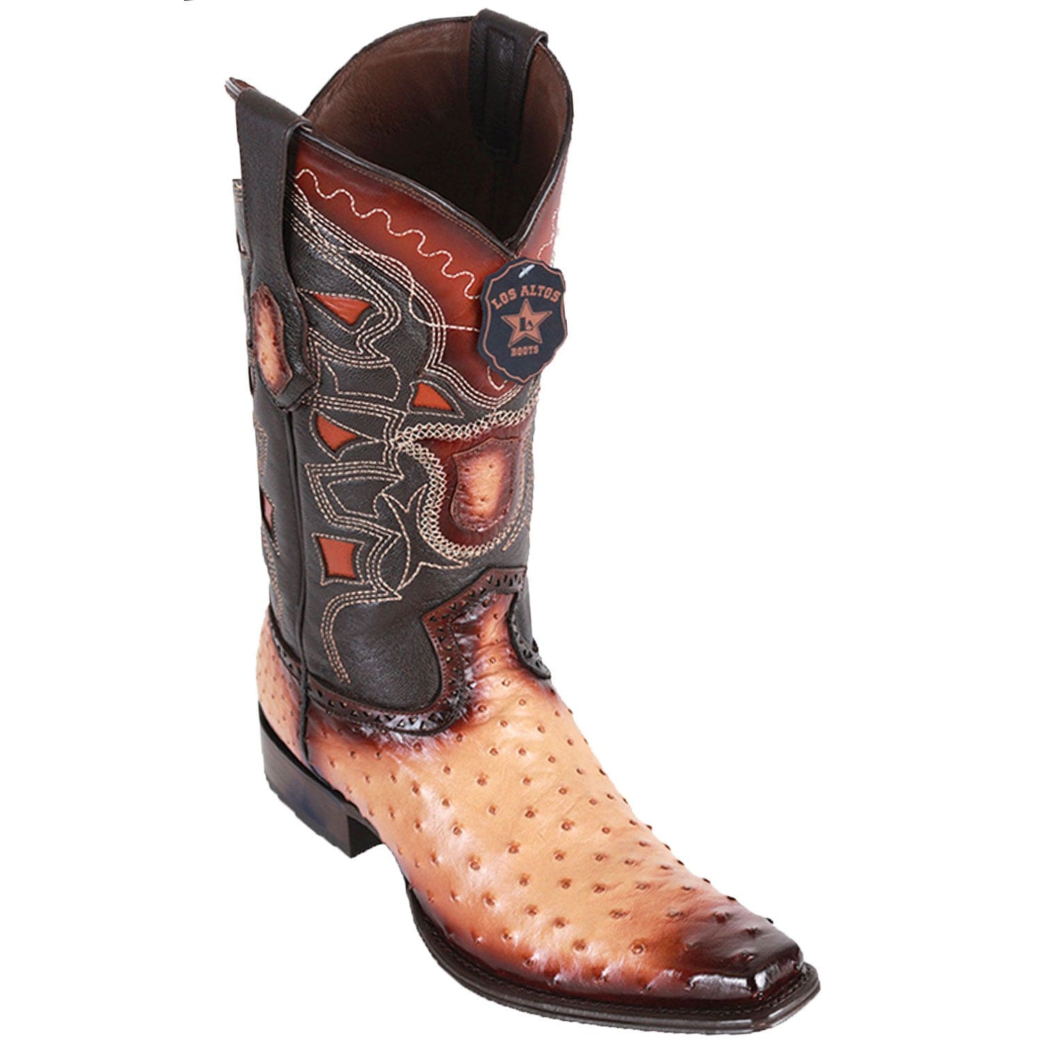 Western Genuine Ostrich Skin European Square Toe Boots Faded Oryx Color - Los Altos Boots - Side View 