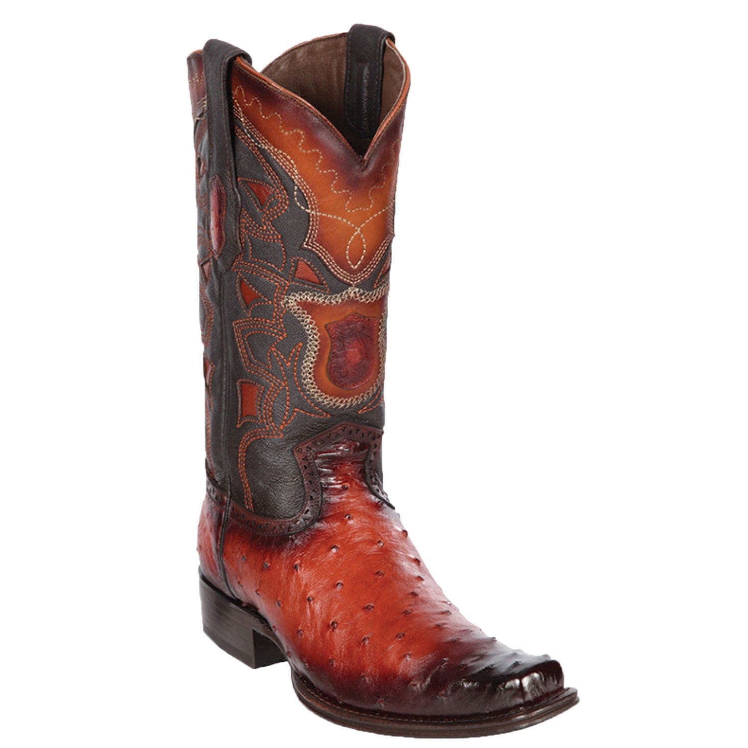 Western Genuine Ostrich Skin European Square Toe Boots Faded Cognac Color - Los Altos Boots - Side View 