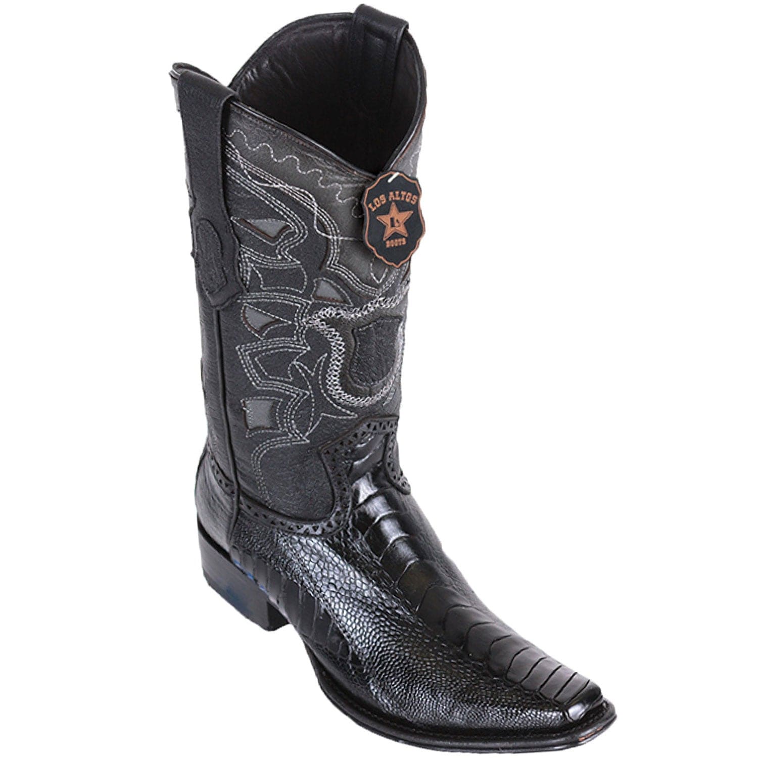 Western Genuine Ostrich Leg Skin European Square Toe Boots Black Color - Los Altos Boots - Side View 