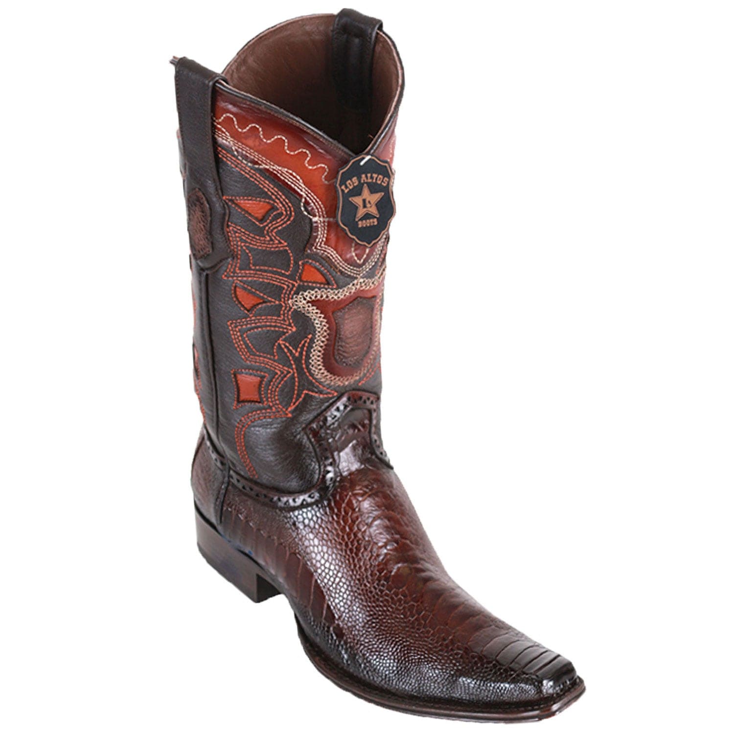 Western Genuine Ostrich Leg Skin European Square Toe Boots Faded Brown Color - Los Altos Boots - Side View 