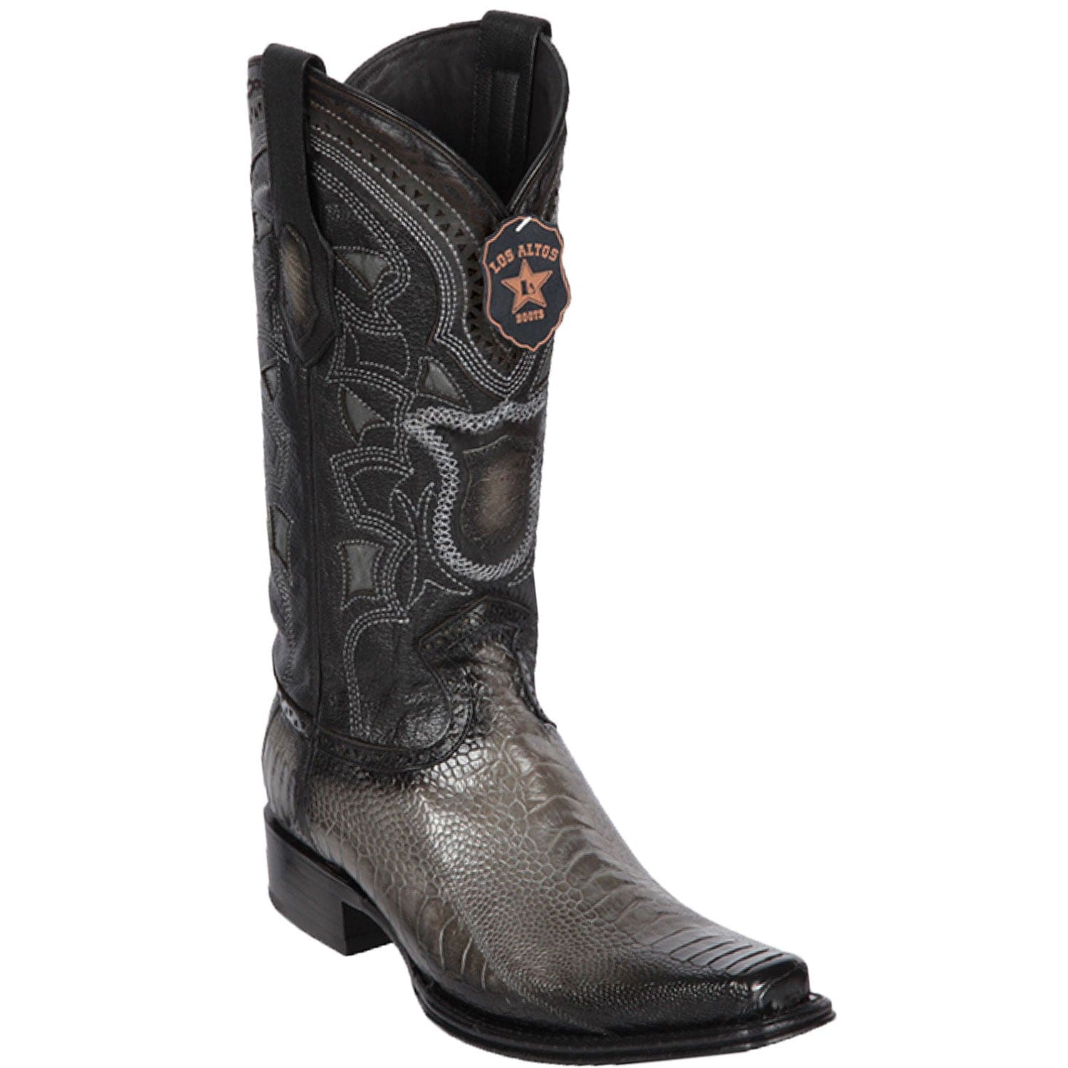 Western Genuine Ostrich Leg Skin European Square Toe Boots Faded Gray Color - Los Altos Boots - Side View 