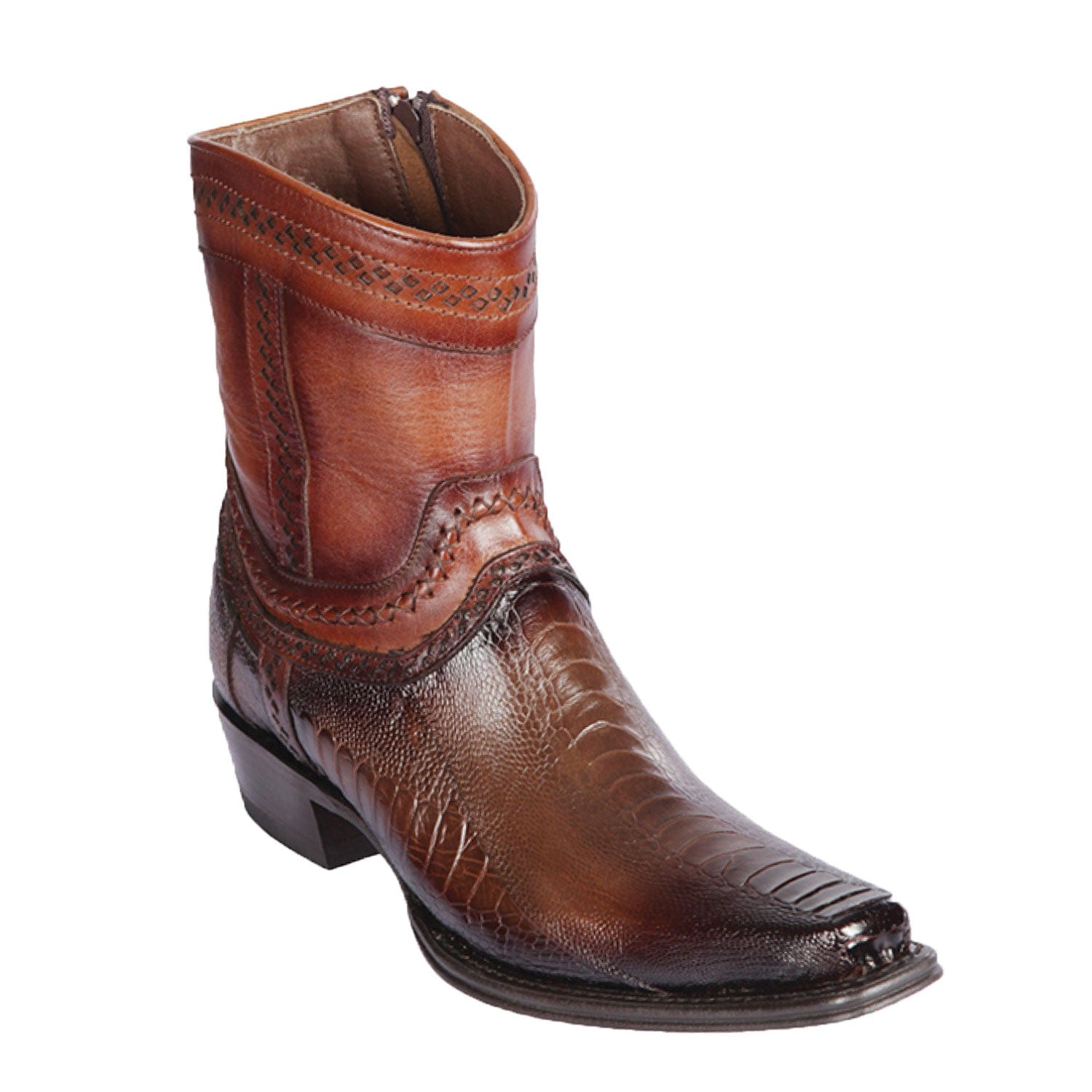 Men's Genuine Ostrich Leg Skin European Square Toe Short Boots With Zipper Faded Brown Color - Los Altos Boots