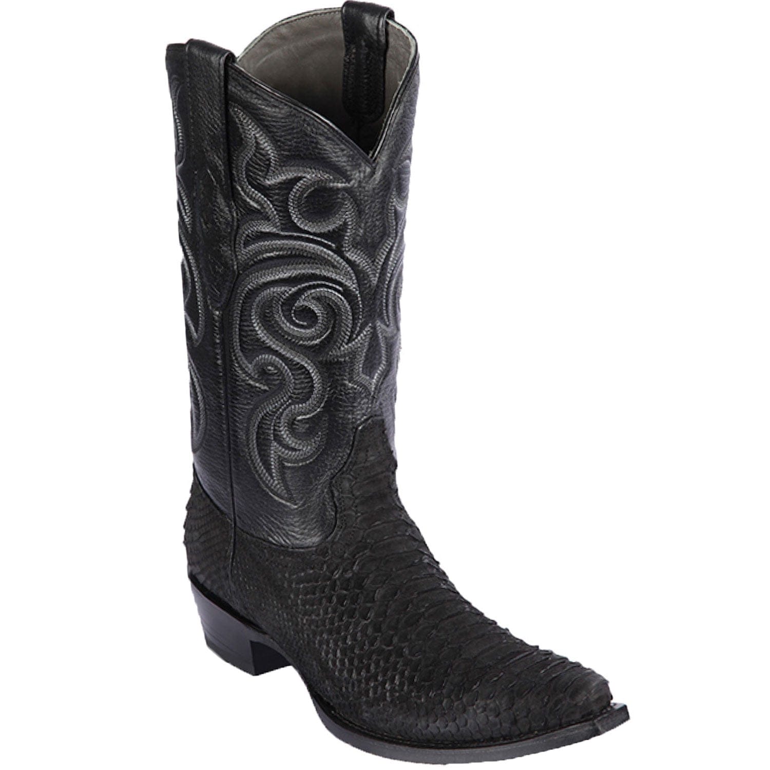 Western Genuine Python Skin Snip Toe Boots Nobuck Black Color - Los Altos Boots - Side View 