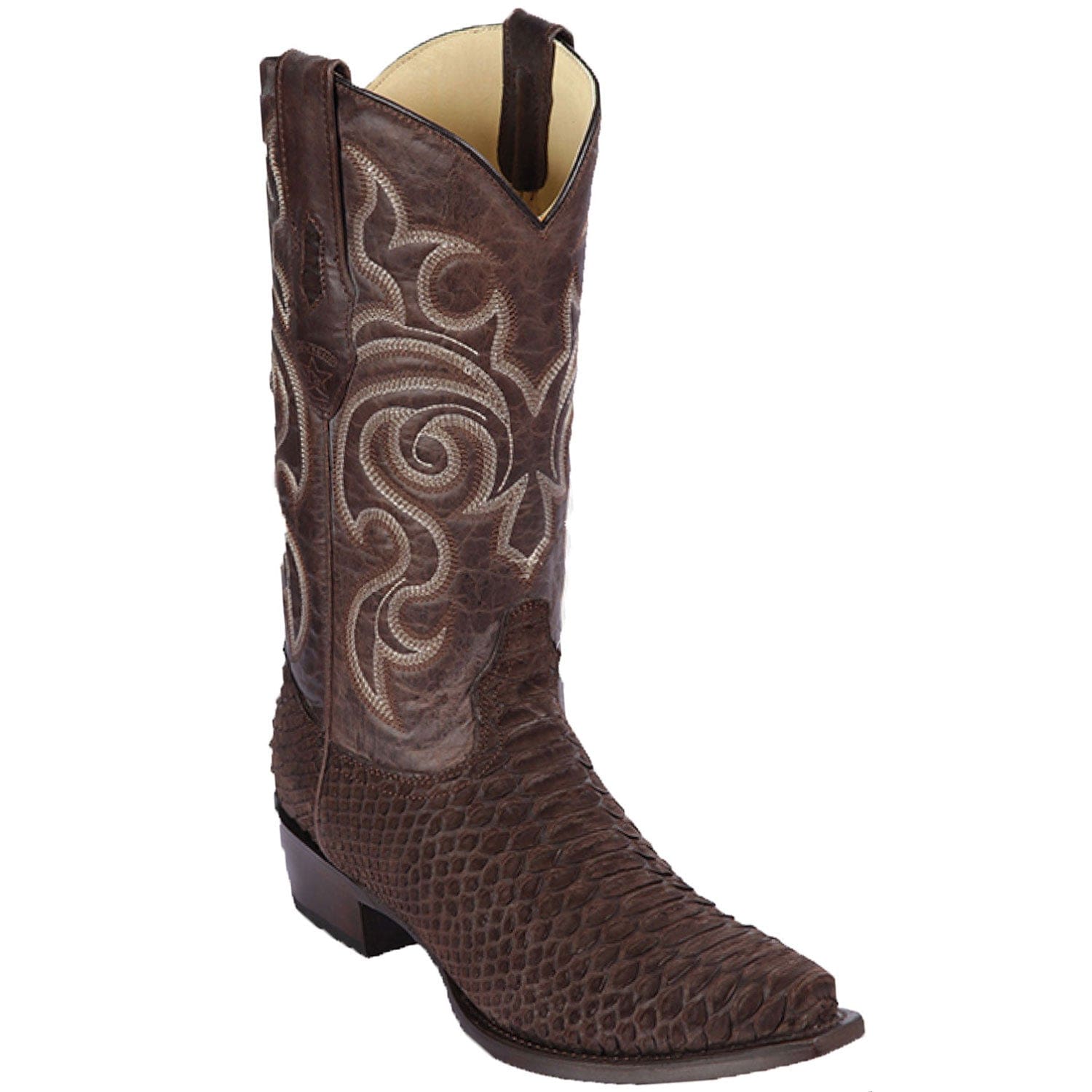 Western Genuine Python Skin Snip Toe Boots Nobuck Brown Color - Los Altos Boots - Side View 