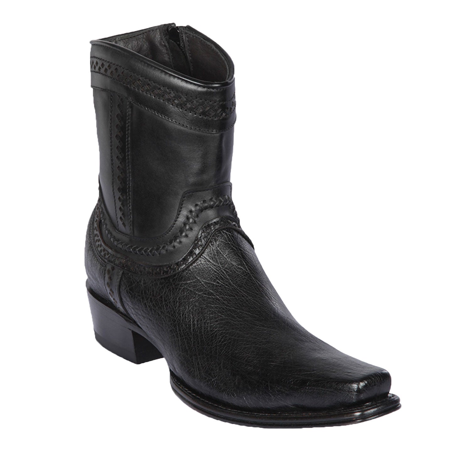 Men's Genuine Smooth Ostrich Skin European Square Toe Short Boots With Zipper Black Color - Los Altos Boots
