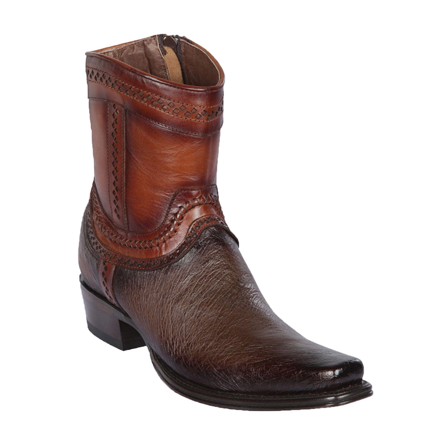 Men's Genuine Smooth Ostrich Skin European Square Toe Short Boots With Zipper Faded Brown Color - Los Altos Boots