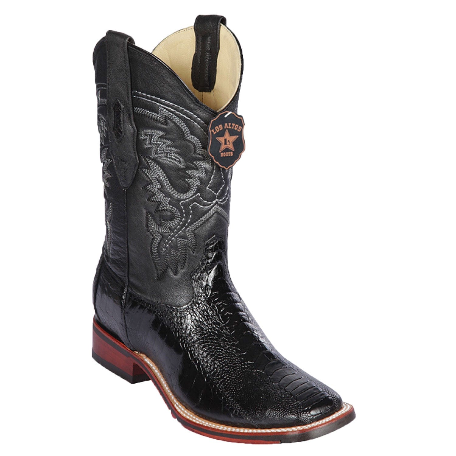 Western Genuine Ostrich Leg Skin Rodeo Wide Square Toe Boots Black Color - Los Altos Boots - Side View 