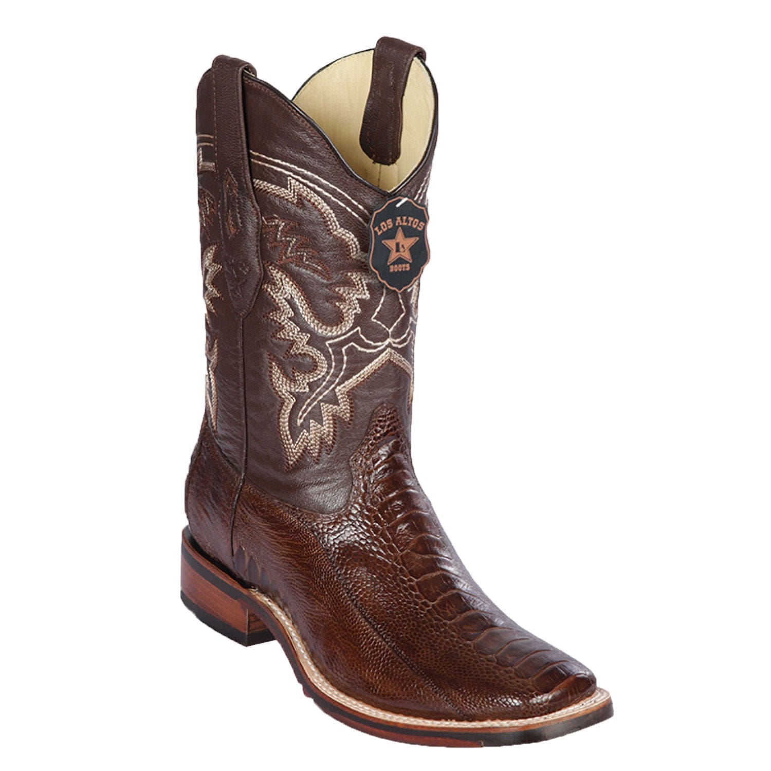 Western Genuine Ostrich Leg Skin Rodeo Wide Square Toe Boots Brown Color - Los Altos Boots - Side View 