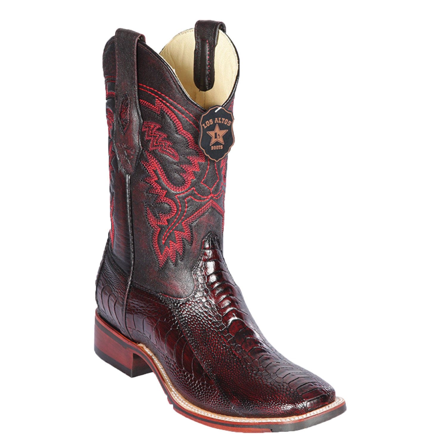 Western Genuine Ostrich Leg Skin Rodeo Wide Square Toe Boots Black Cherry Color - Los Altos Boots - Side View 