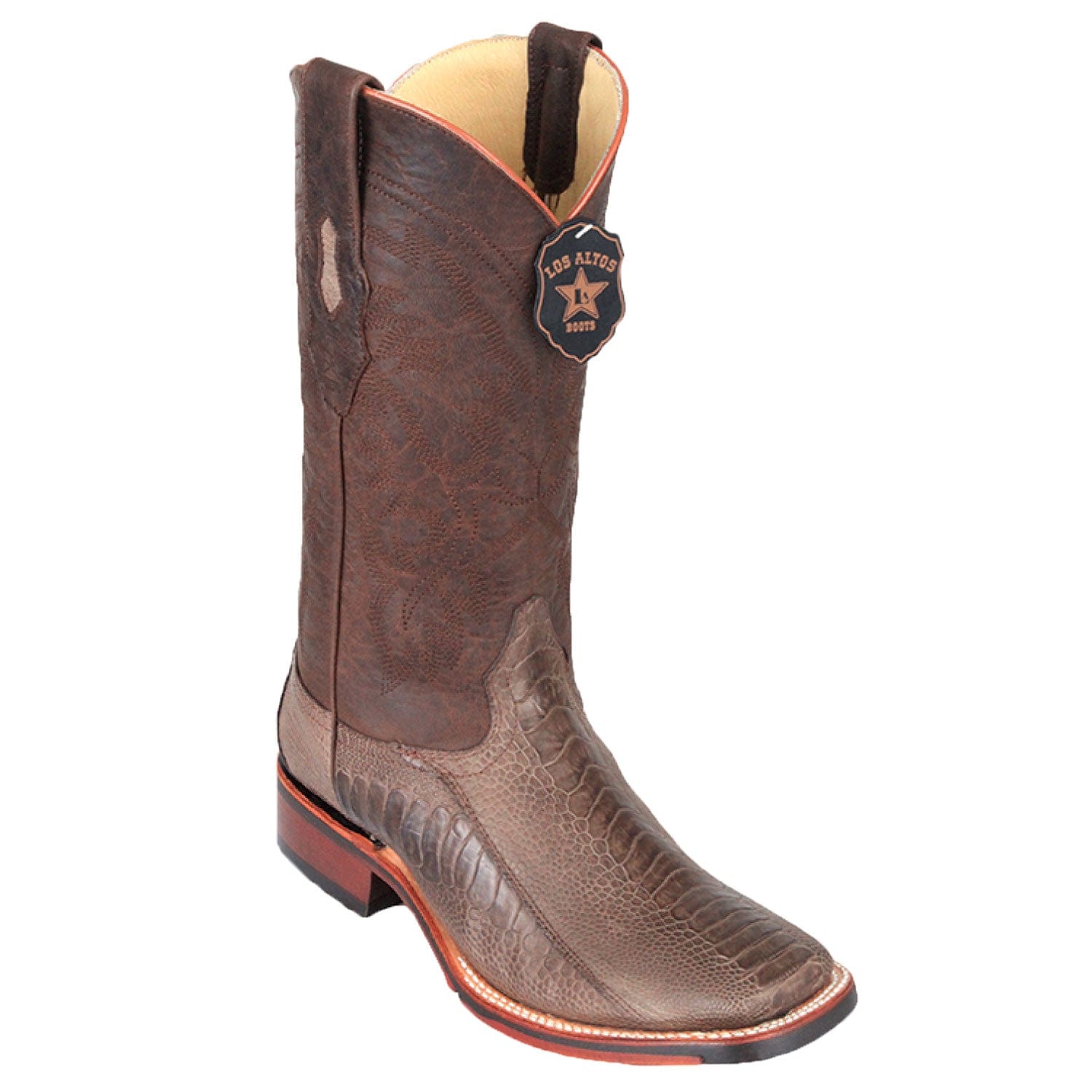 Western Genuine Ostrich Leg Skin Rodeo Wide Square Toe Boots Greasy Brown Color - Los Altos Boots - Side View 