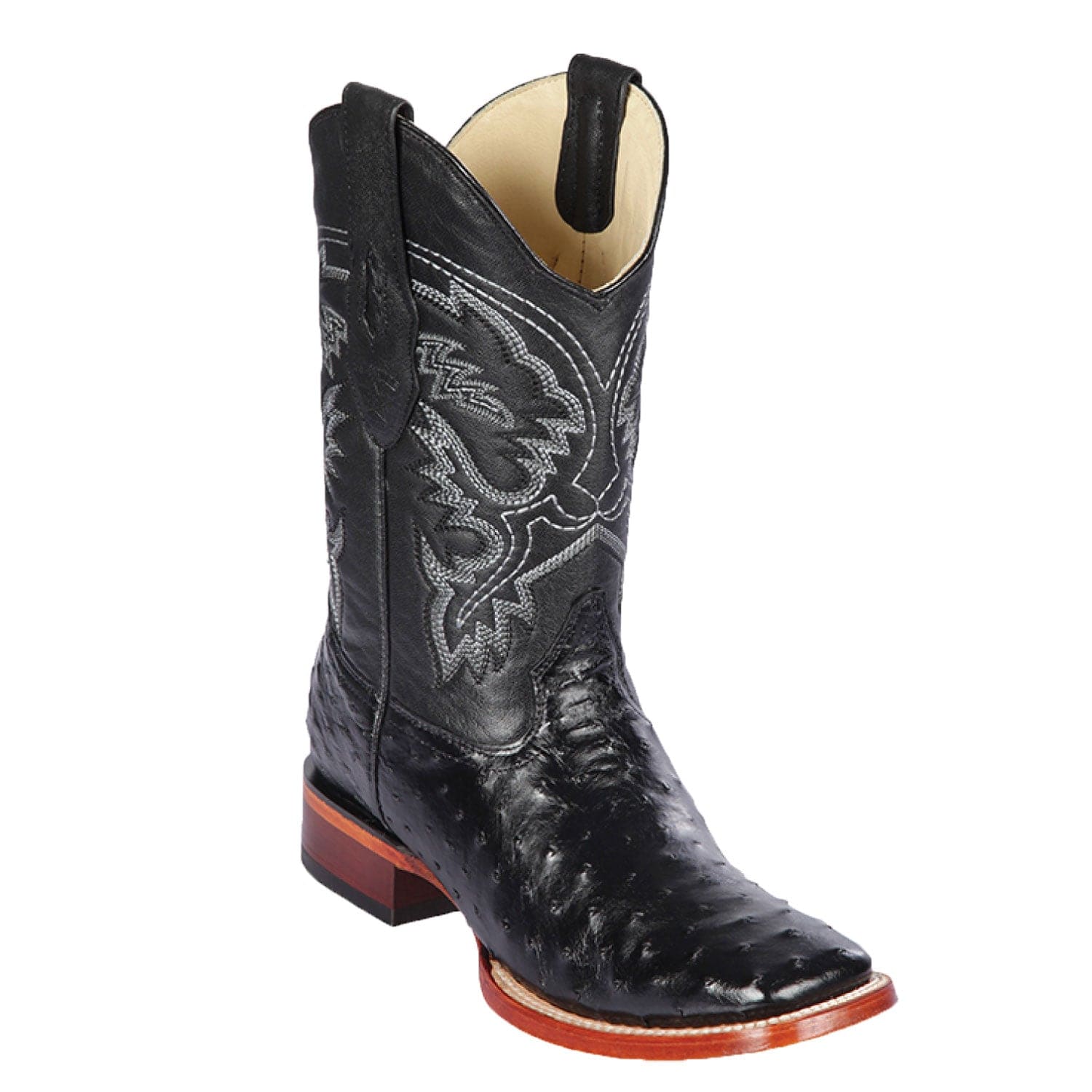 Western Genuine Ostrich Skin Rodeo Wide Square Toe Boots Black Color - Los Altos Boots - Side View 