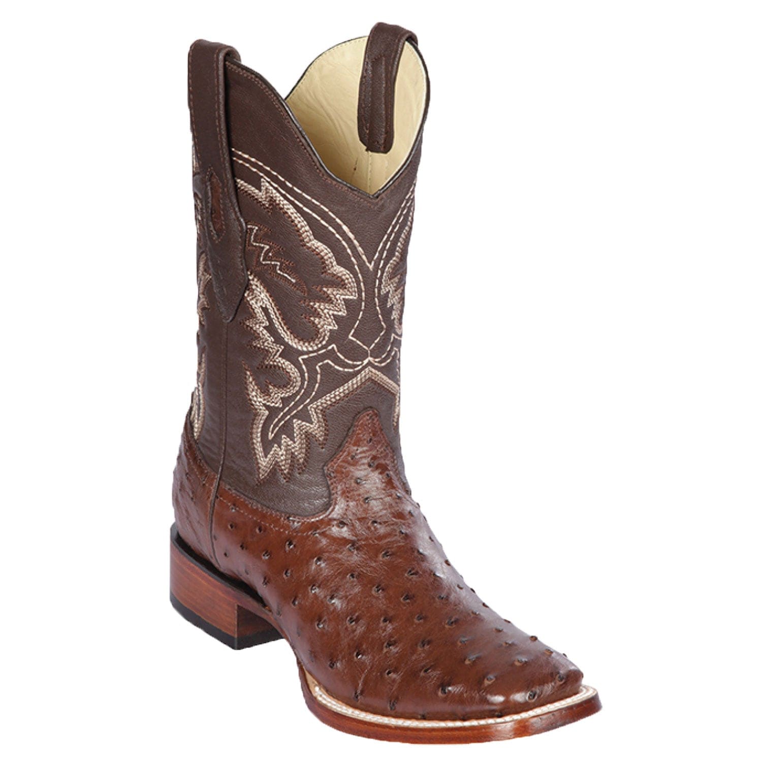 Western Genuine Ostrich Skin Rodeo Wide Square Toe Boots Brown Color - Los Altos Boots - Side View 