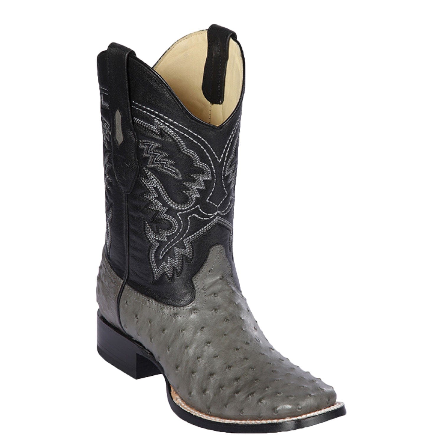 Western Genuine Ostrich Skin Rodeo Wide Square Toe Boots Gray Color - Los Altos Boots - Side View 