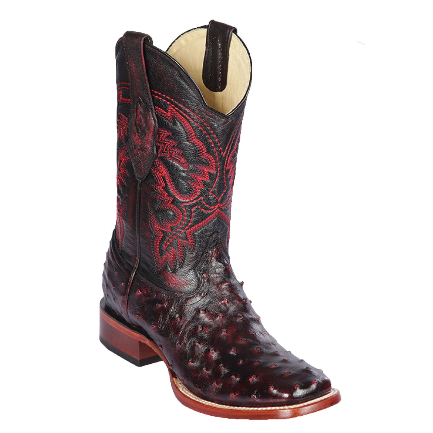 Western Genuine Ostrich Skin Rodeo Wide Square Toe Boots Black Cherry  Color - Los Altos Boots - Side View 