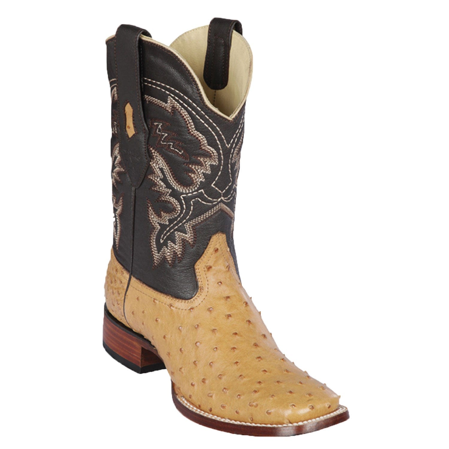 Western Genuine Ostrich Skin Rodeo Wide Square Toe Boots Antique Saddle Color - Los Altos Boots - Side View 