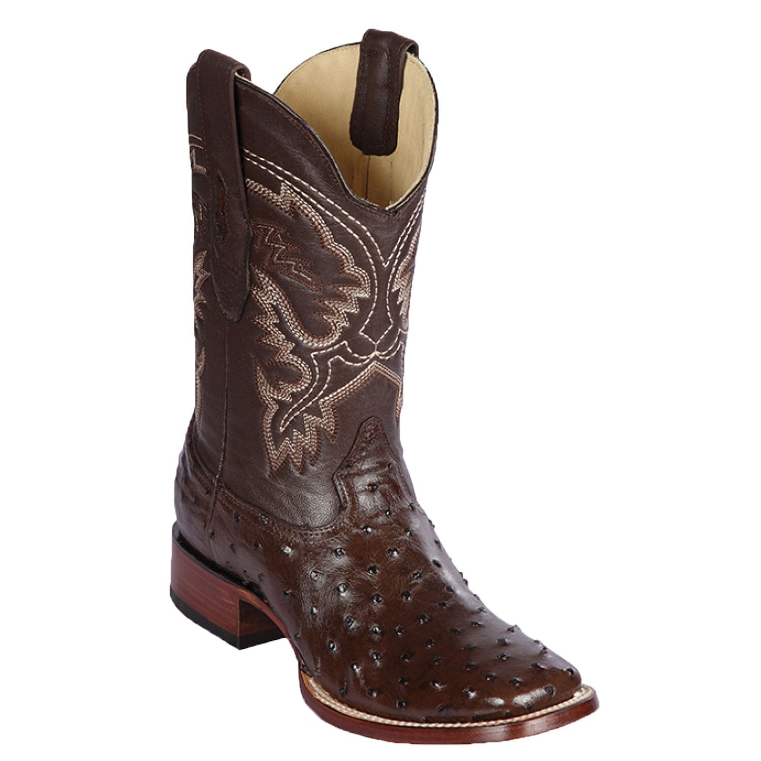 Western Genuine Ostrich Skin Rodeo Wide Square Toe Boots Tobacco Color - Los Altos Boots - Side View 