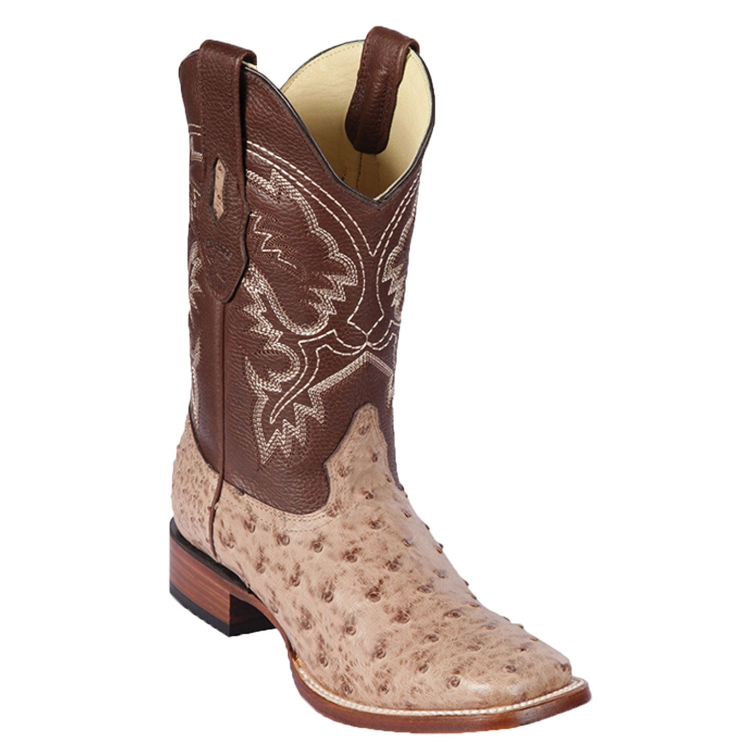 Western Genuine Ostrich Skin Rodeo Wide Square Toe Boots Moka Color - Los Altos Boots - Side View 