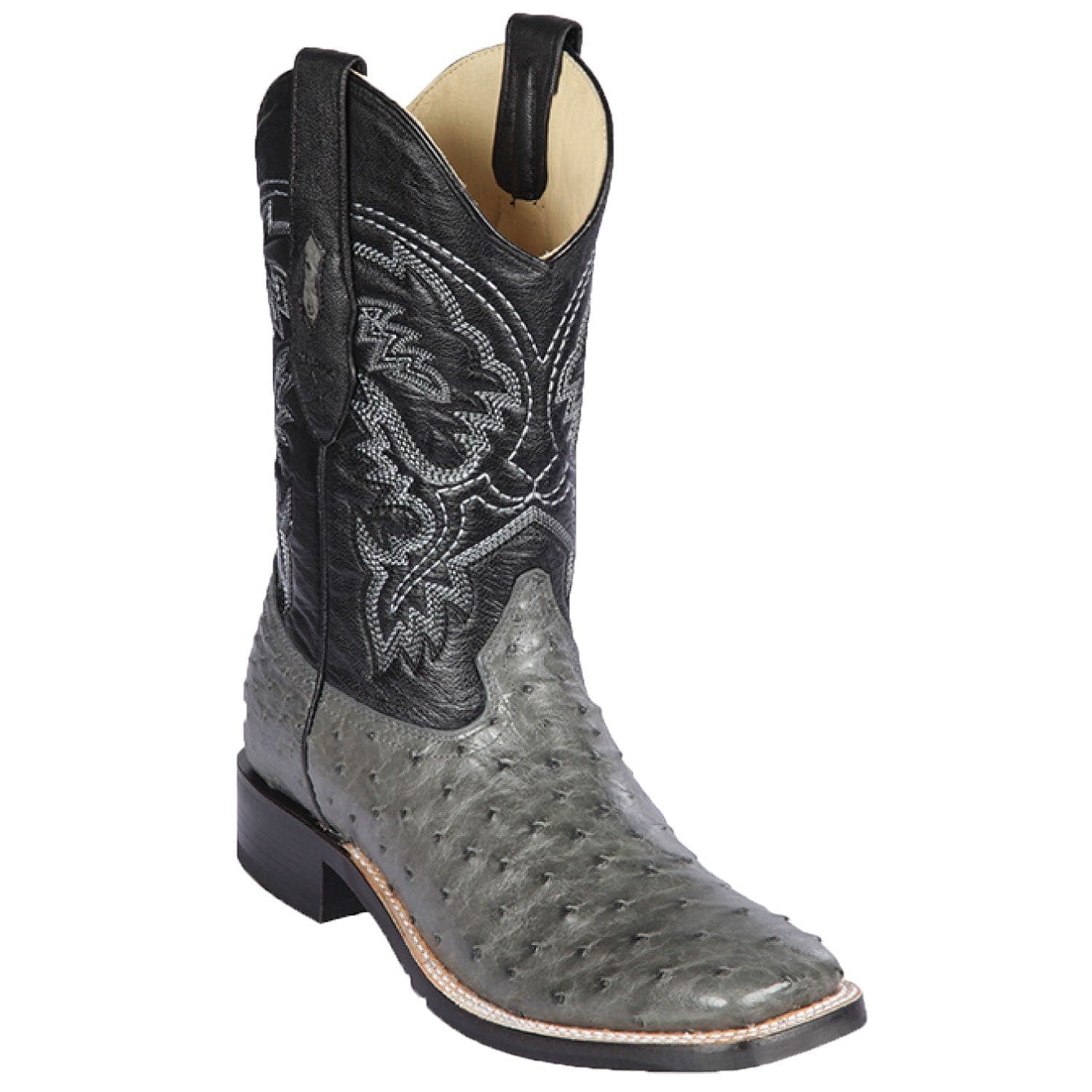 Western Genuine Ostrich Skin Rodeo Wide Square Toe Boots Gray Color - Los Altos  Boots - SIde View 