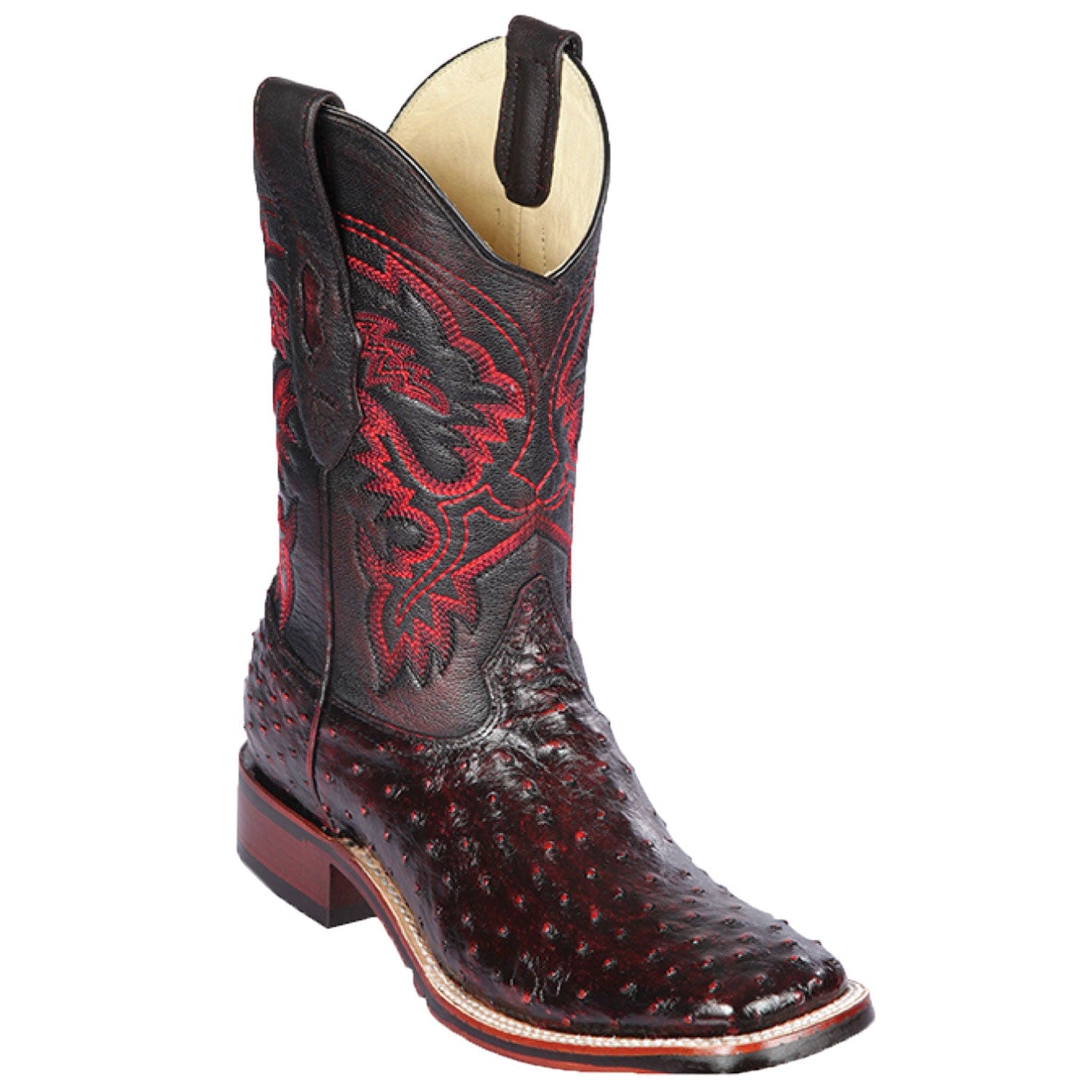 Western Genuine Ostrich Skin Rodeo Wide Square Toe Boots Black Cherry Color - Los Altos  Boots - SIde View 