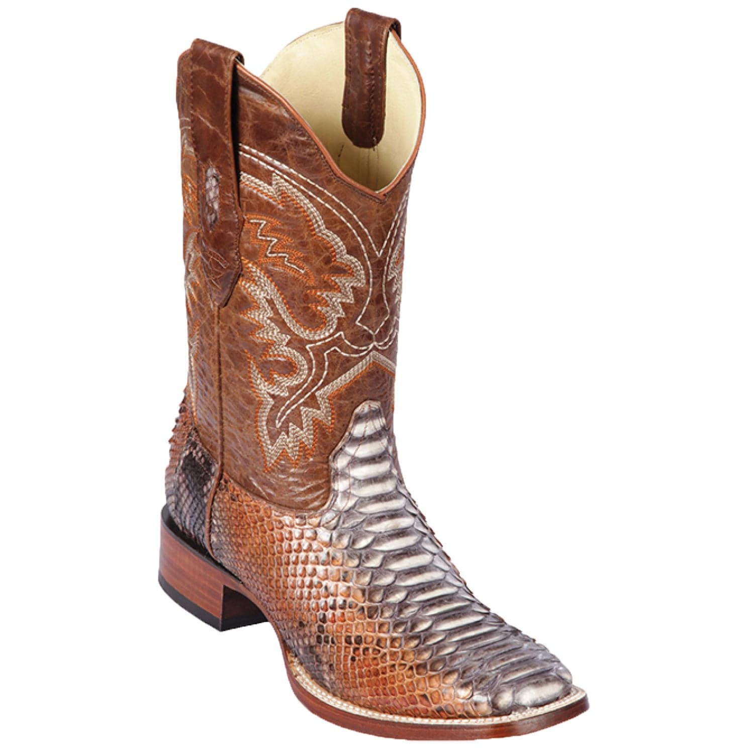 Western Genuine Python Skin Rodeo Wide Square Toe Boots Rustic Cognac Color - Los Altos Boots - Side View 