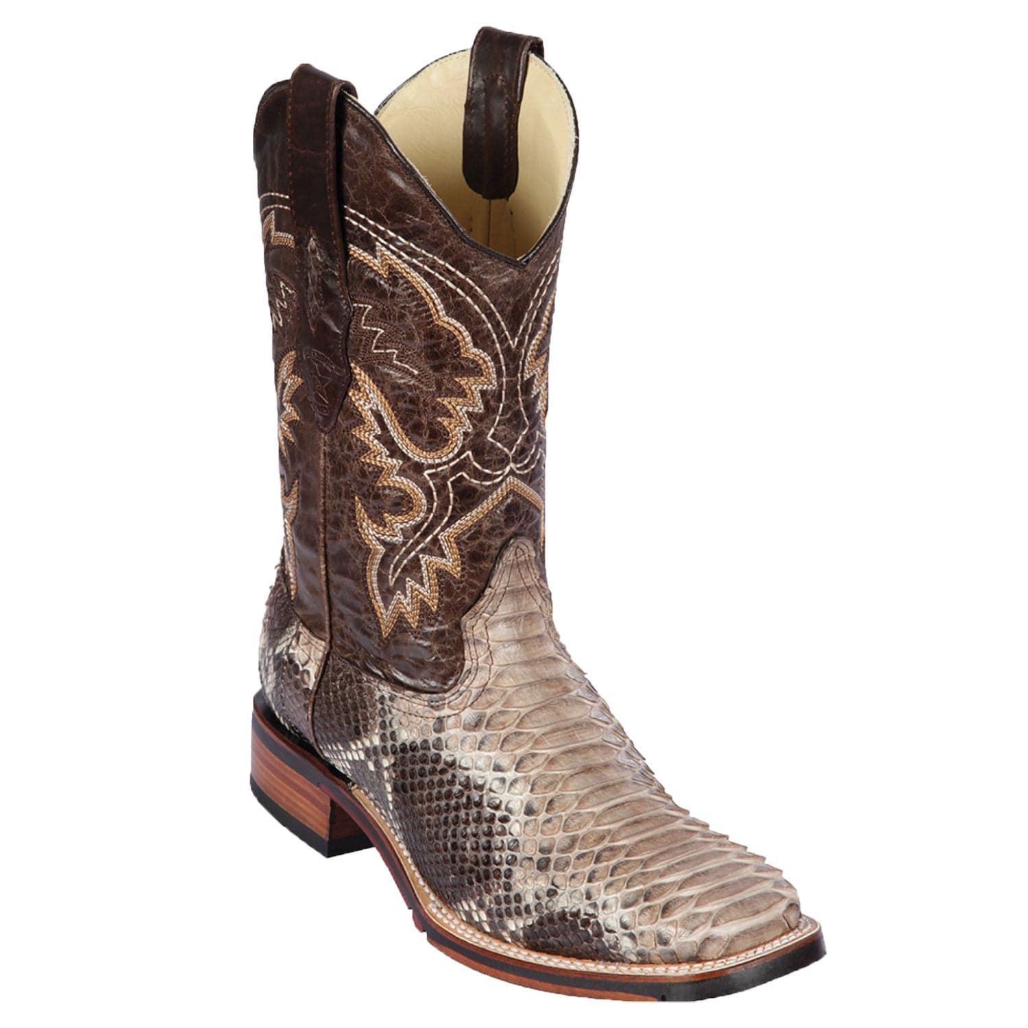 Western Genuine Python Skin Rodeo Wide Square Toe Boots Rustic Brown Color - Los Altos Boots - Side View 