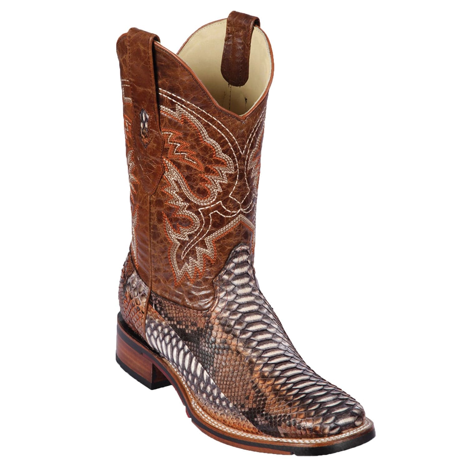 Western Genuine Python Skin Rodeo Wide Square Toe Boots Rustic Cognac Color - Los Altos Boots - Side View 