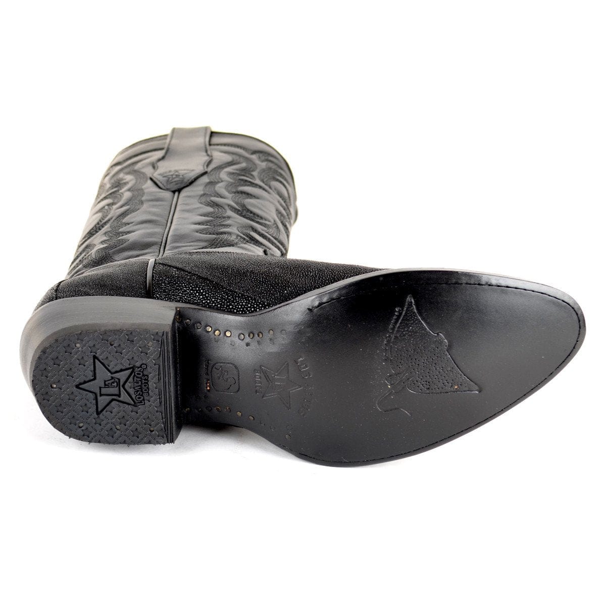 Western Genuine Stingray Skin Single Stone Round Toe Boots Black Color - Los Altos Boots - Sole View