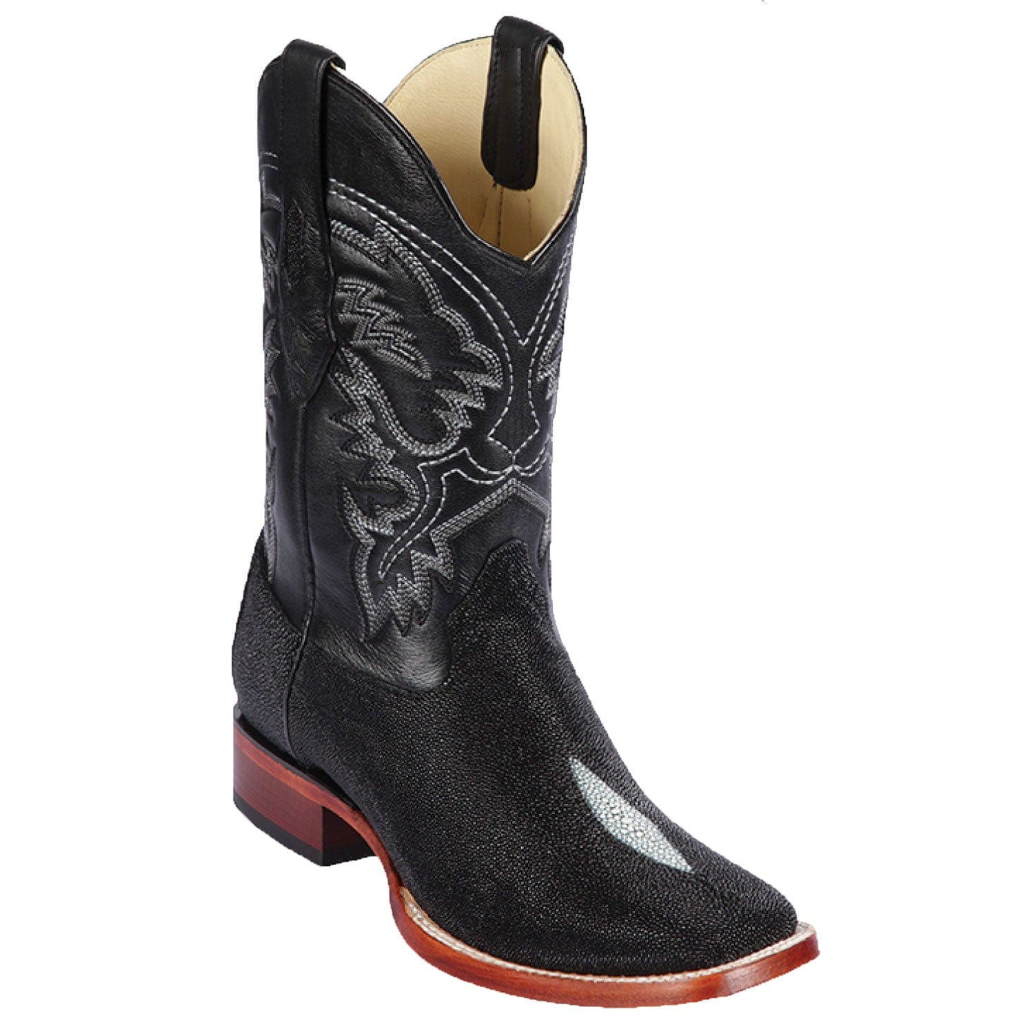 Men's Genuine Stingray Skin Single Stone Rodeo Wide Square Toe Boots Black Color - Los Altos Boots